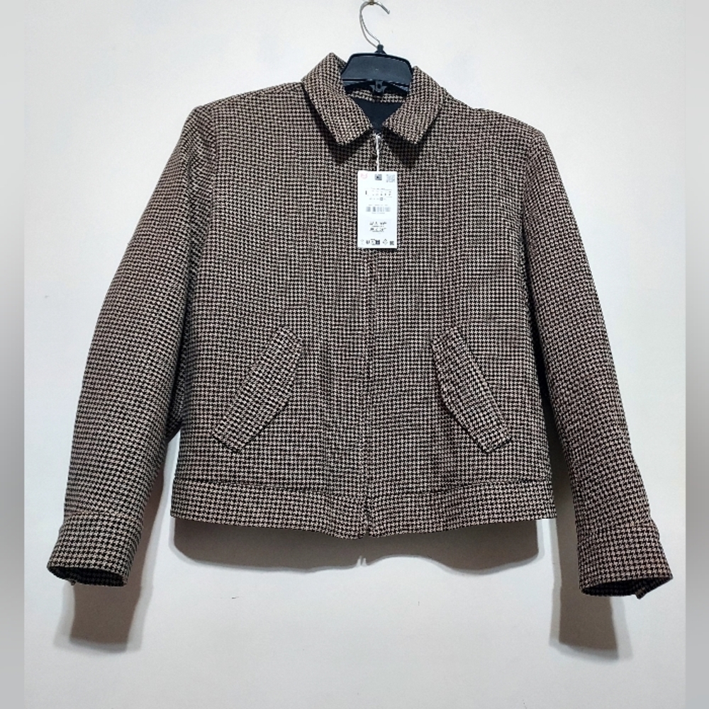 Zara Houndstooth Bomber Jacket With Shoulder Pads Sz-L